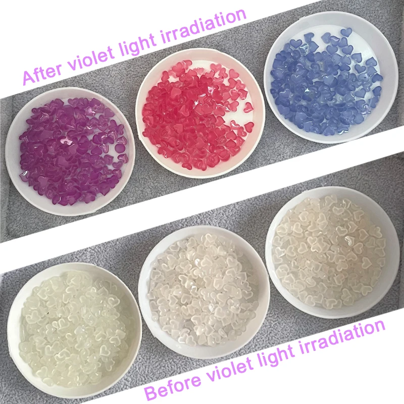 Ultraviolet Light Changing Heart Shaped Nail Art Resin Flat Bottom Love Sun Light Color Changing Summer Manicure DIY Aecoration