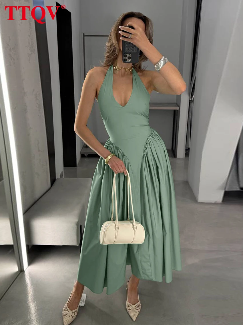 

TTQV Summer Slim Green Women's Dress 2026 Fashion Halter Sleeveless Ankle Length Dresses Elegant Classic Pleated Female Dress