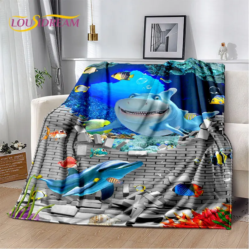 3D Seabed Illusion Underwater World Dolphin Fish Plush Blanket,Flannel Blanket Throw Blanket for Living Room Bedroom Beds Sofa