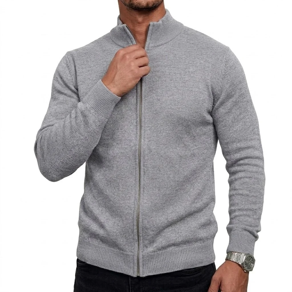 Herren-Strickjacke mit hohem Kragen und Reißverschluss, langärmelig, lässige Strickjacke, Mantel, Thermo-Strickware, Winter-Oberbekleidung mit Stehkragen – Detail 14