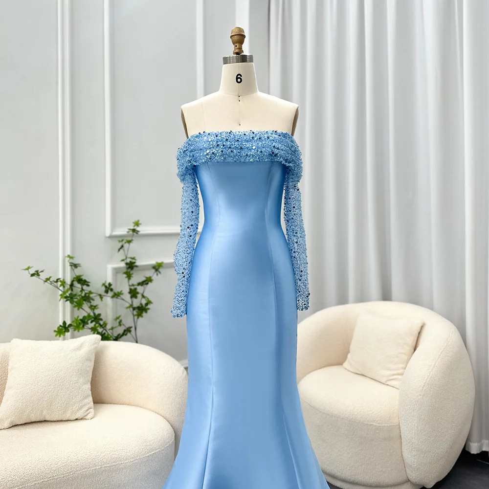 Jancember Elegant Off Shoulder Blue Arabic Evening Dress For Women Wedding Party Long Sleeves Dubai Formal Prom Gowns Scz137