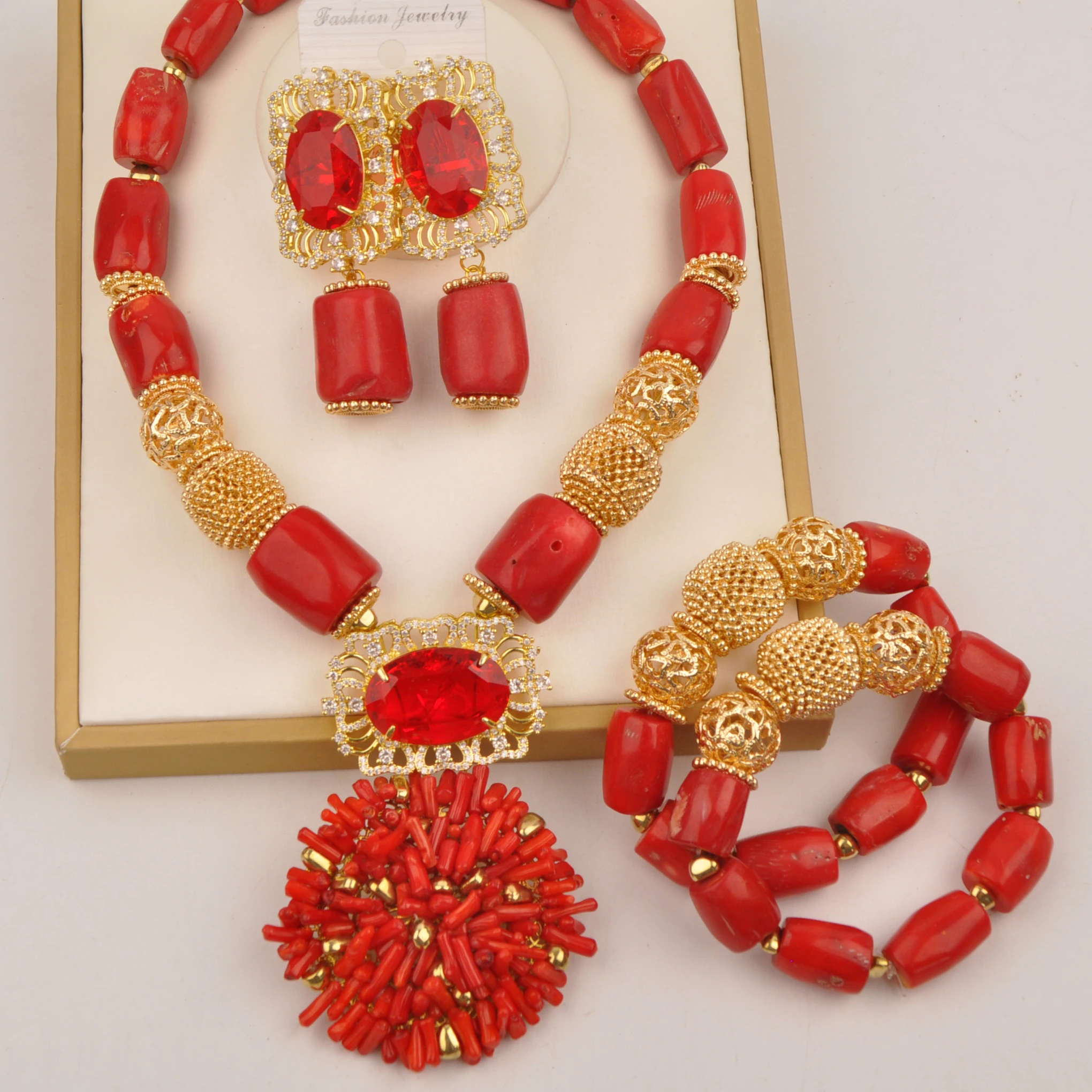 Fashion African Jewelry Set Red Coral Bead Necklace Bridal Set