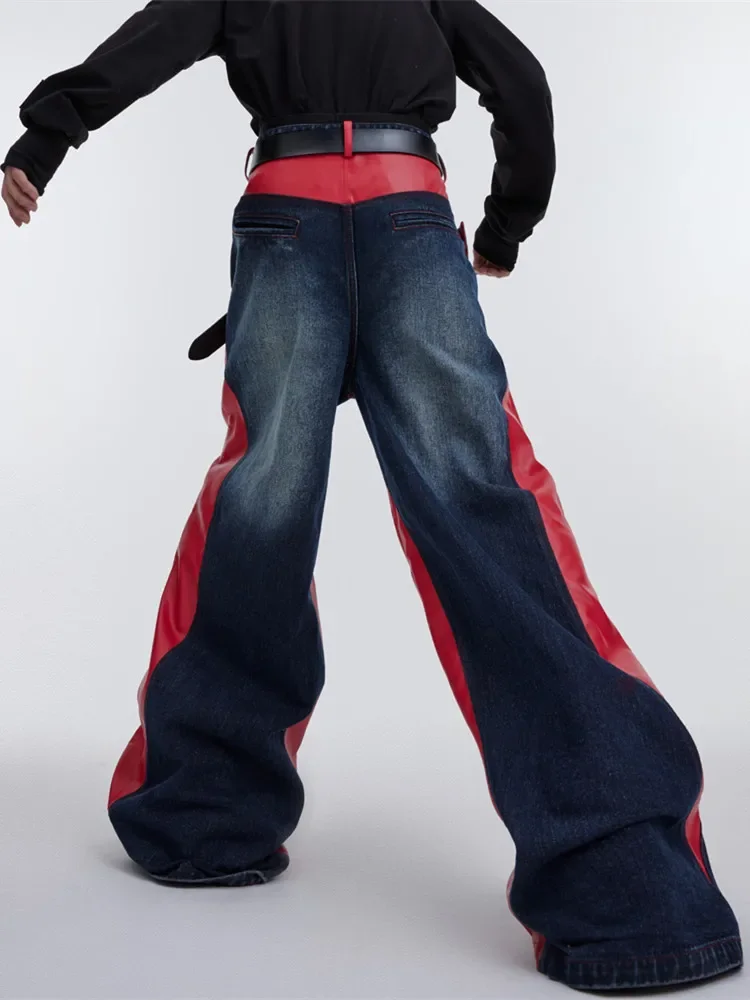 

Streetwear Red Pu Leather Patchwork Baggy Jeans Pants For Men Designer Clothes Kanye Wide Leg Loose Denim E5933