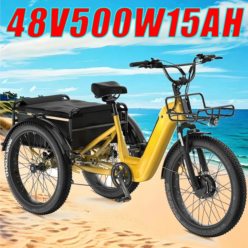 2024 three wheel Electric Bike 500W Motor 48V15AH Lithium Battery Cargo ebike 24 inch Fat Tire Aldult Transport Electric bicycle