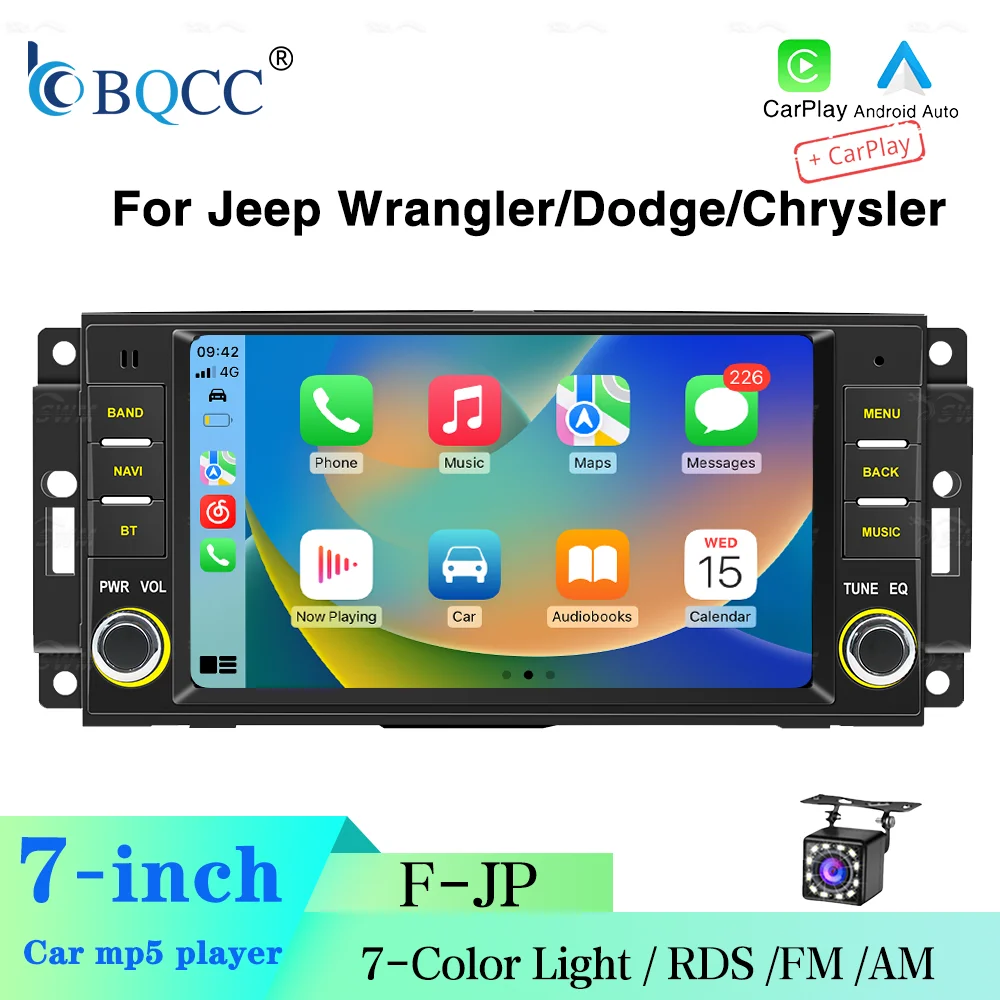 BQCC 7'' Car MP5 Player for Jeep Wrangler, Dodge Chrysler Wireless CarPlay Android Auto 7-Color Lights BT FM AM Stereo Radio