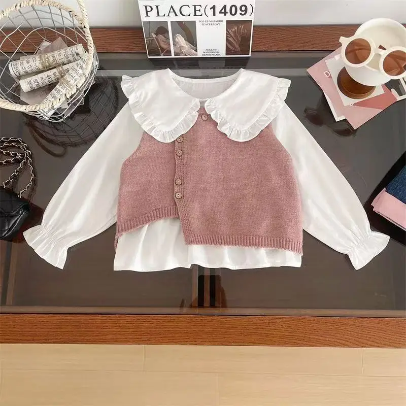 

Новый детский корейский джемпер, жилет, рубашка, джинсовый костюм-тройка, брючный костюм для девочек 90-140 см, зарубежный костюм на весну и осень 2023 г.