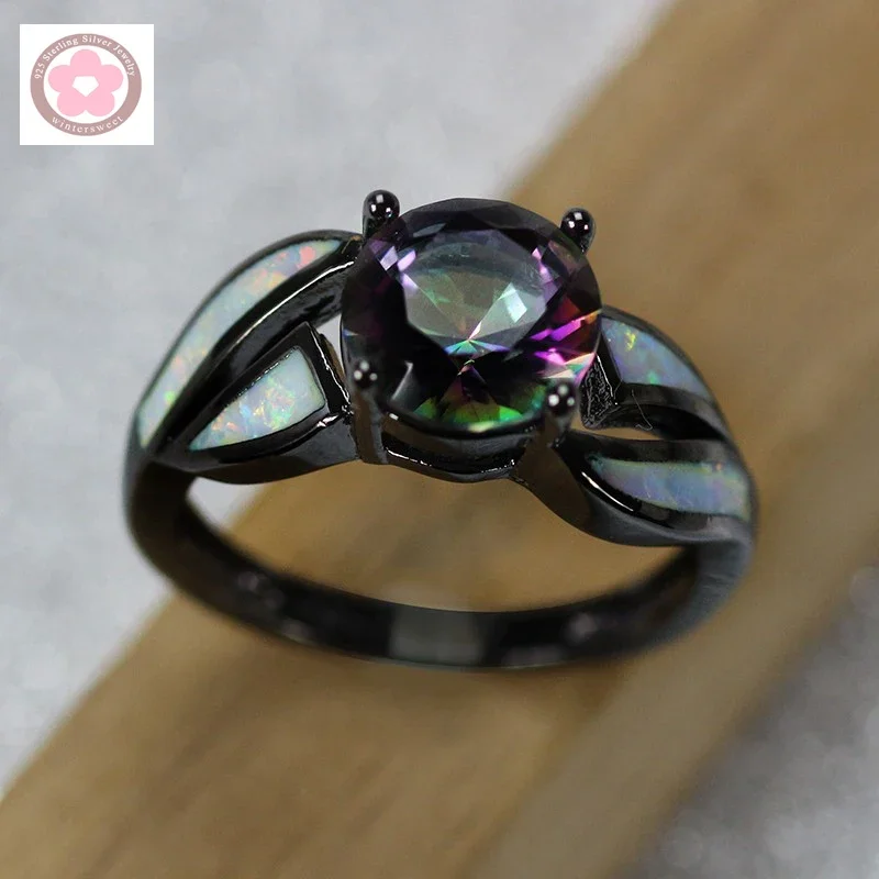 JLR071 Hot Sale 10Kt Plated Black Gold AAA Rainbow Crystal & Fire Opal Rings Fashion Jewelry For  Women Cocktail Ring