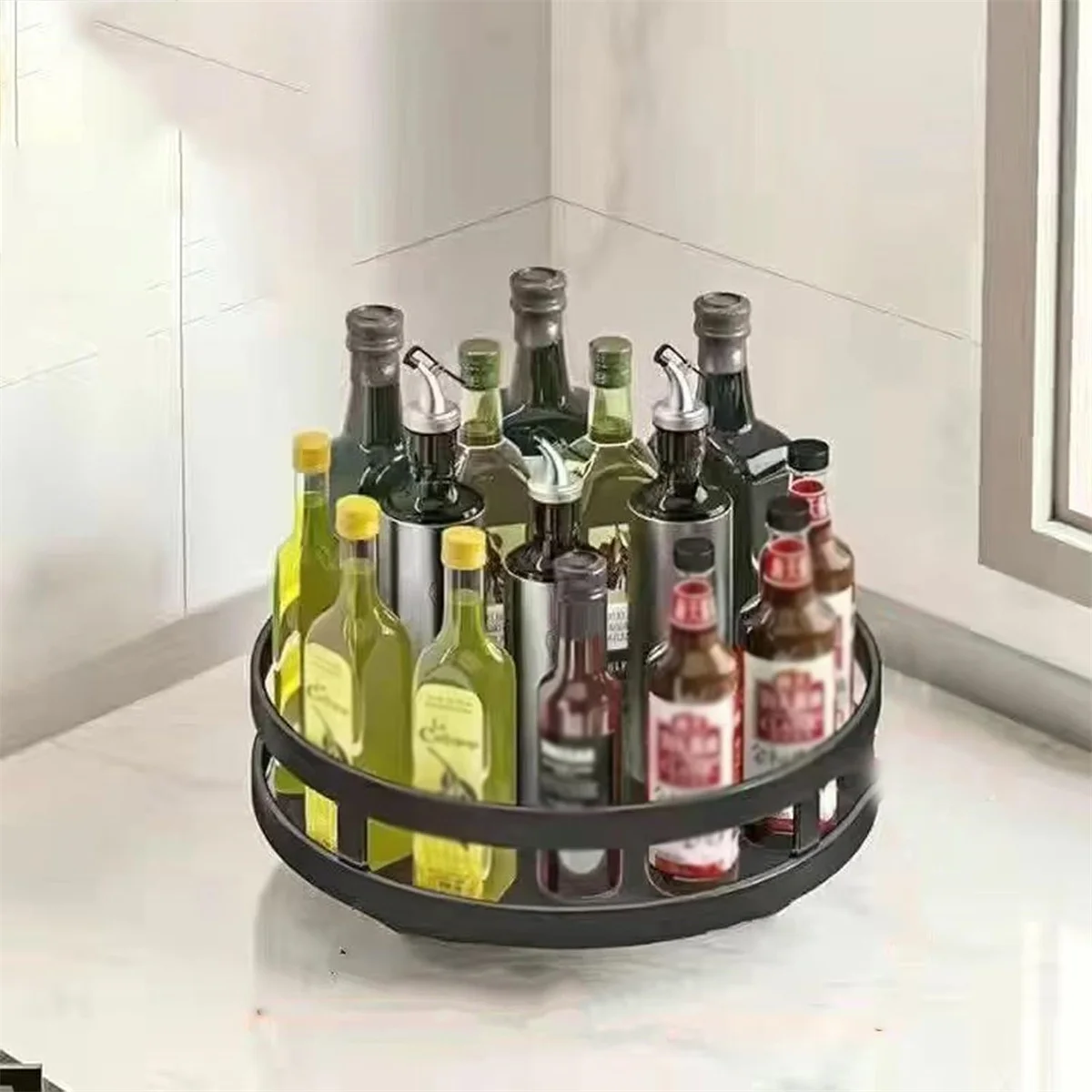 360°Rotation Spice Rack Organizer Jar Cans For Kitchen Accessories Non-Skid Carbon Steel Storage Tray For Seasonings And Spices
