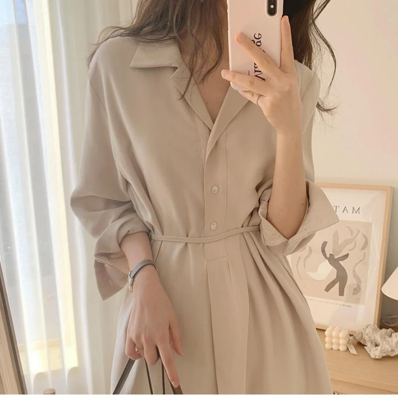 

2024 Autumn New Daily Long-sleeved Shirt Dress for Women Autumn New Korean Style Thin Slim Fit V-neck A-line Dress for Women