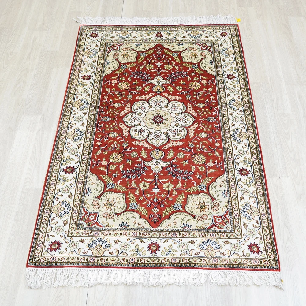 91x152cm Turkish Silk Carpet Red Hand Knotted Exquisite Handmade Silk Rug (LH972B)