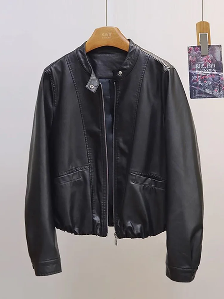 เสื้อแจ็คเก็ต Pu สไตล์โมโตสตรีทแวร์สำหรับผู้หญิง วินเทจ ฮาราจูกุ แขนยาว ทรงหลวม เสื้อคลุมลำลอง สไตล์อเมริกันเรโทร ทรง Biker คอทรงกลม มีกระเป๋า เสื้อนอก