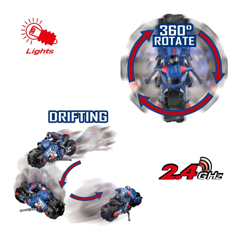 Auto da deriva telecomandata per moto acrobatica RC 1:10 360 °   Giocattolo per bici da corsa elettrica rotante per regali per bambini