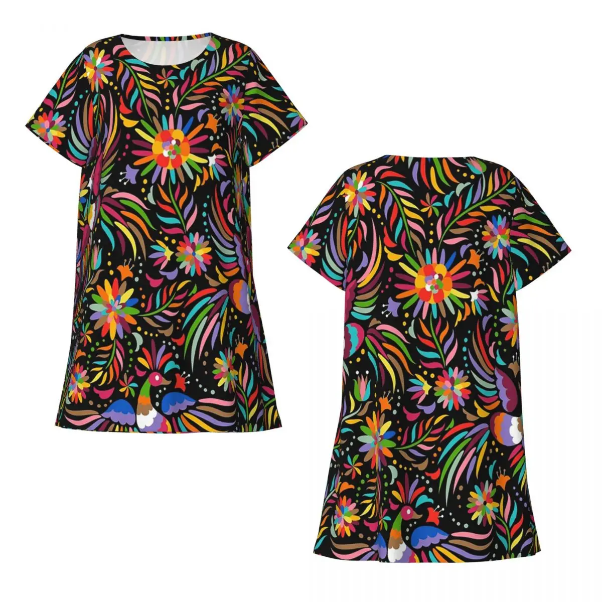 Custom Traditional Mexican Colorful Short Sleeves Nightdress For Sleeping Sleepshirts Women Short Sleeve Nightgowns Pajama Dress