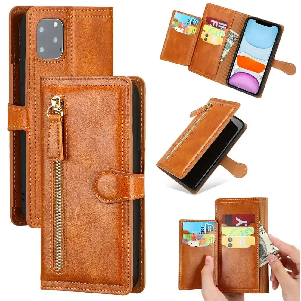 Étui portefeuille en cuir avec fermeture éclair pour iPhone 16 Pro Max, compatible avec les modèles 15, 14, 13, 12, 11, antichoc et mignon