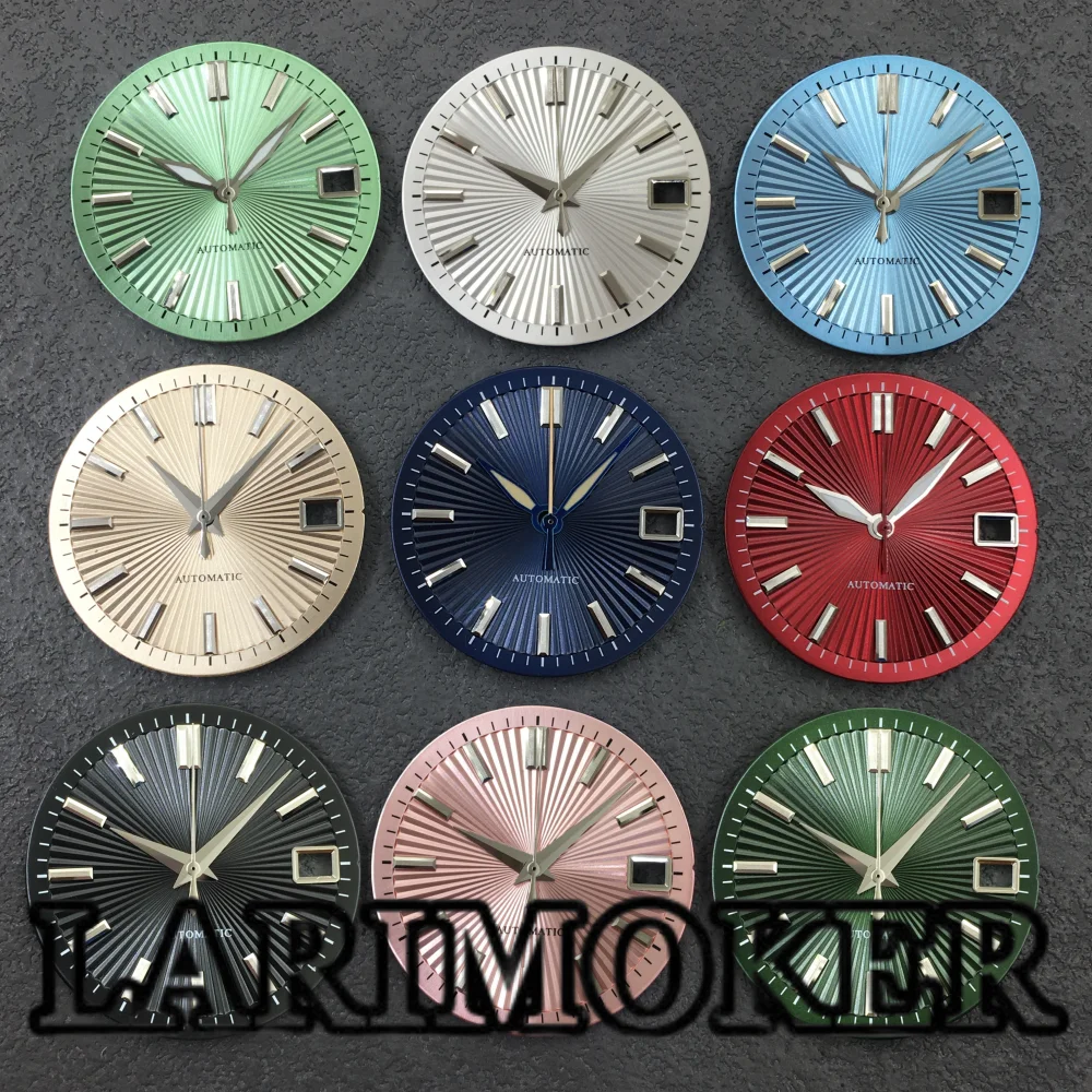 

Циферблат LARIMOKER 29 мм для механизма NH35 с 3-пиновым указателем даты, аксессуары, складной циферблат в форме веера с вертикальными полосами и окошком для даты