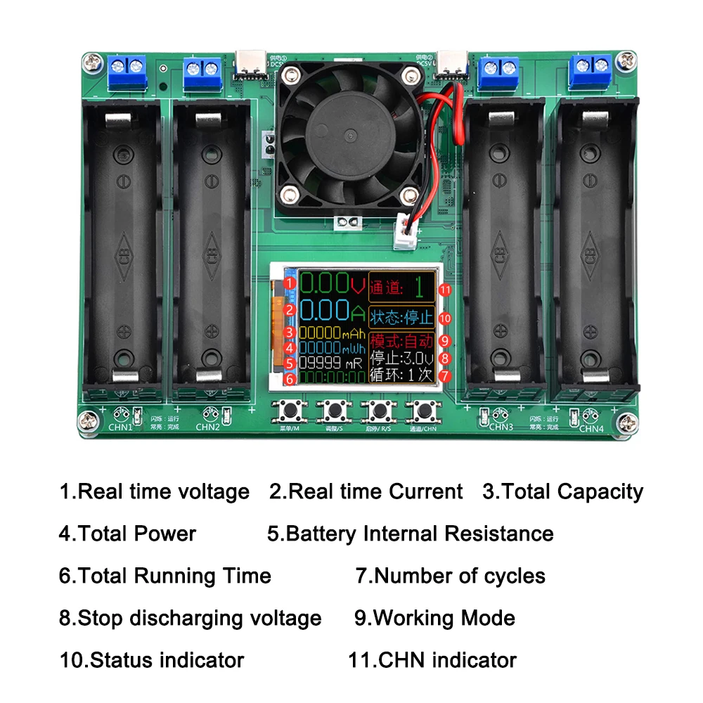 4CH 18650 Lithium Battery Tester,4 Channels Independent Charging and Discharging,Battery Capacity Test,Internal Resistance Test