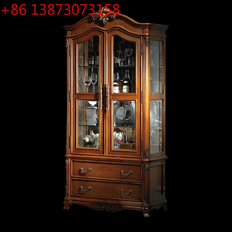 

American solid wood double door wine cabinet luxury European style retro glass complete cabinet with door