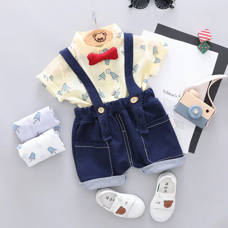 

Preschool boys' clothing suit Gentlemen's short-sleeved shirt+suspender shorts 2PCS suit Newborn boys' clothing suit 1-4Y