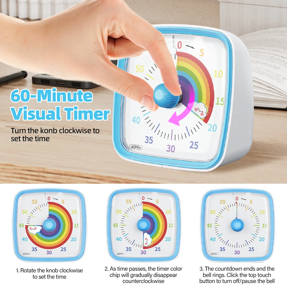 Visual Rainbow Timer with Night Light 60-Minute Kitchen Timer Cooking Timer Countdown Silent Classroom Timer for Kids and Adults