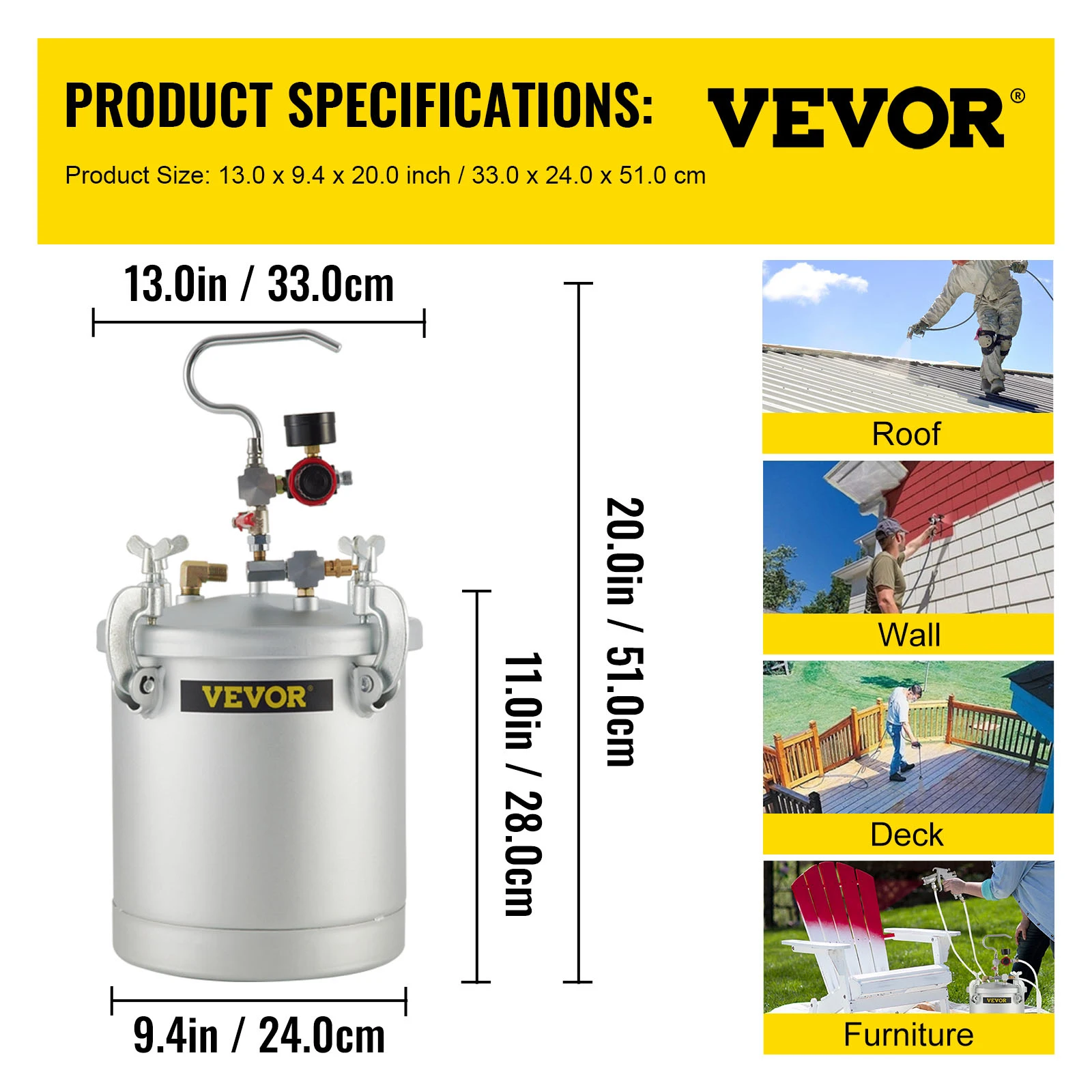 Vevor เครื่องพ่นสีหม้อแรงดันสูง2.5Gal ป้อนปืนพ่นสีหัวฉีดขนาด1.5มม. เครื่องพ่นสีความจุ10L เคลือบสีสำหรับบ้านในเชิงพาณิชย์