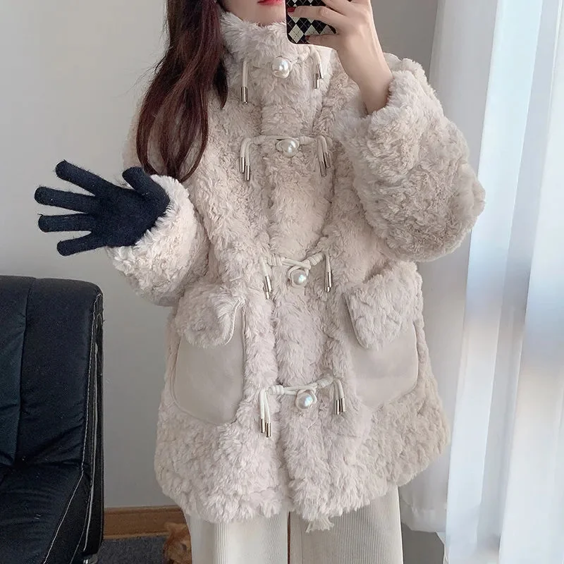 Lamb Plush Add Cotton Thickened Coat Women's Winter Jacket Korean Imitation Fur Overcoat Female Mid length High Collar Warm Coat