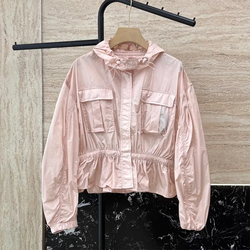 

Women's Waterproof Jacket Pocket Drawstring Hooded Sun Protection Clothing Short Coat for Spring Autumn Elastic Tops 060#