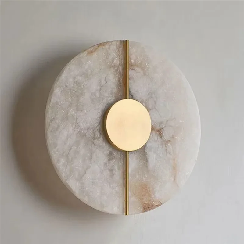 

【Favorite!】Bedroom Marble Wall Lamp Alabaster Moon Modern Living Room Gold Copper LED Sconce Indoor Home Decoration