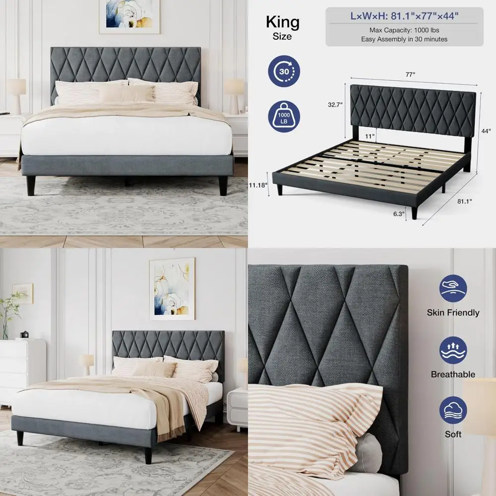 

King Size Storage Bed Frame with Fabric Headboard and Upholstered Mattress Base, No Box Spring Needed