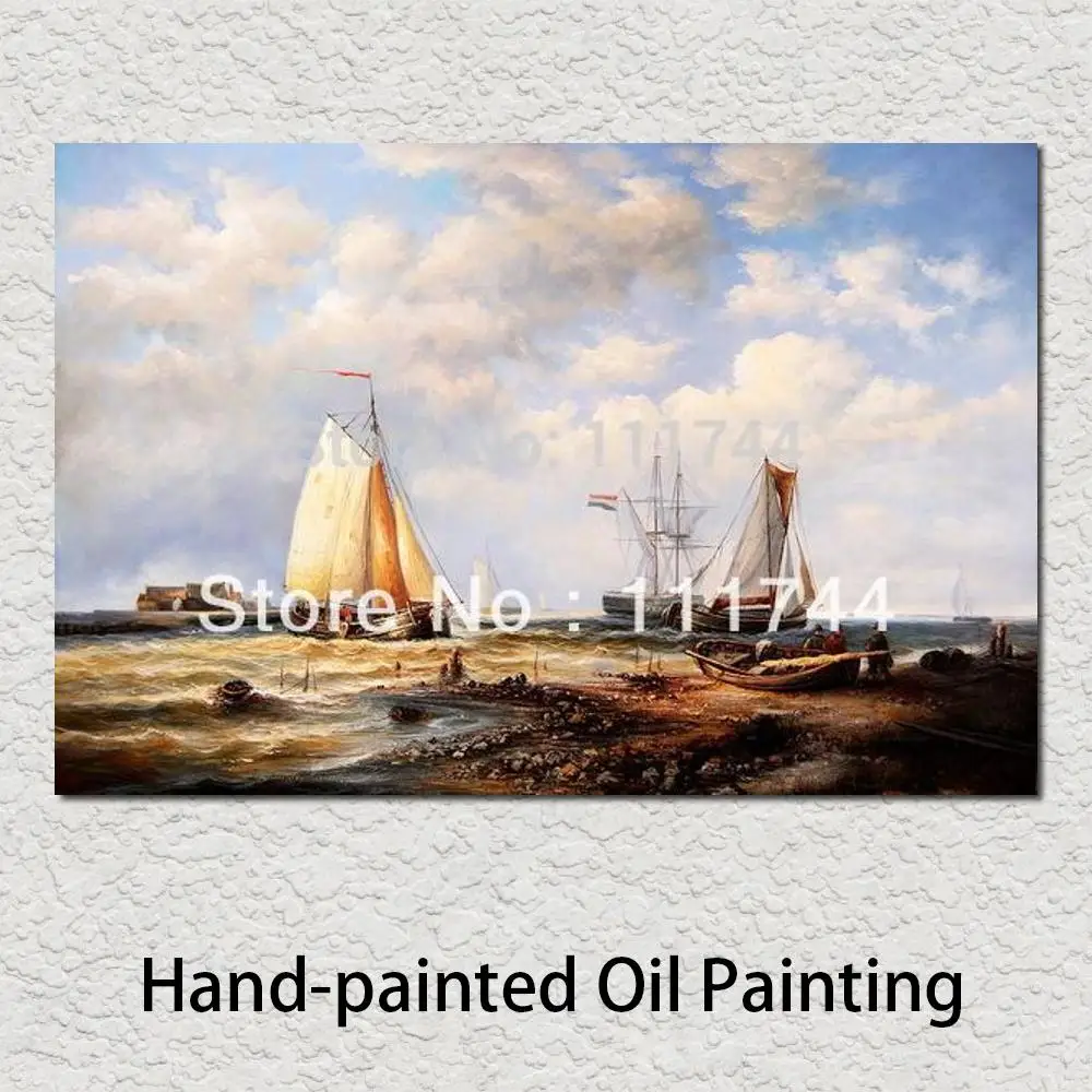 Shipping Artwork Modern Painting on Canvas Home Decor Incoming Dutch Fishing Boats Museum Quality Hand Painted Free Shippin