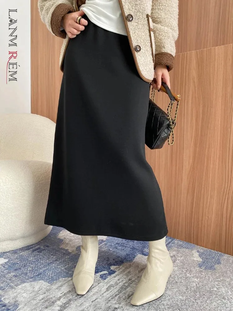 

[LANMREM] Solid Color A-line Skirt Temperament Office Lady High Waist All Match Thick Keep Warm Woolen Skirts Women 2024 Winter