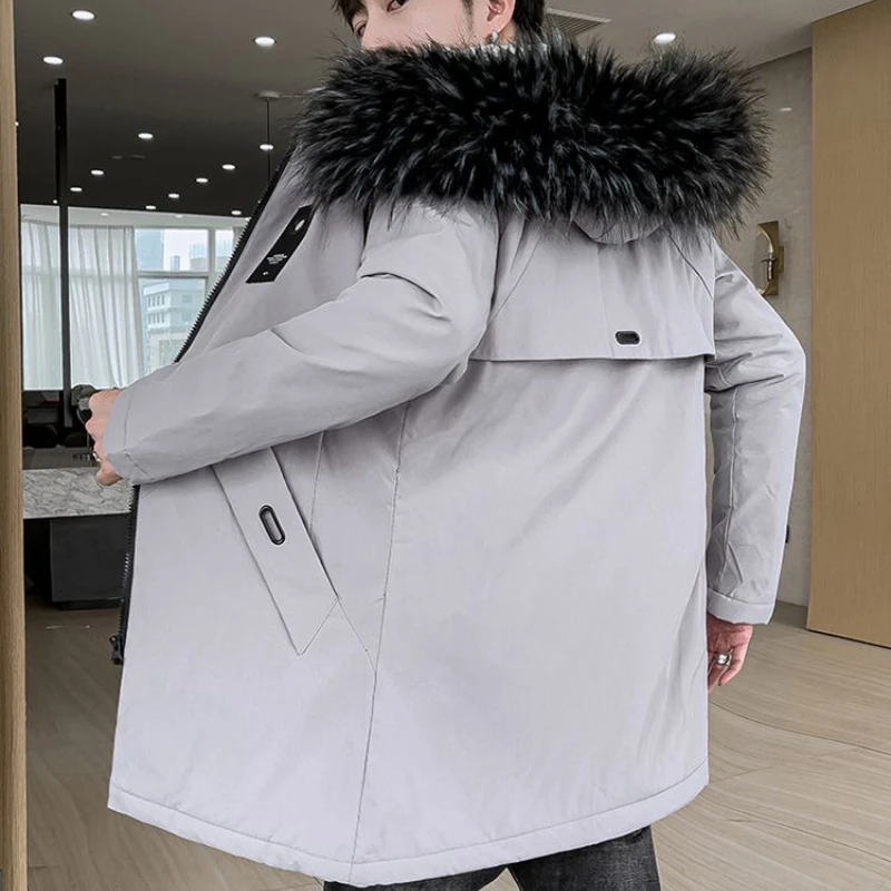 ​Plus Size Winter Coat for Men Mid Length Parka with Detachable Hood Faux Fur Lining Waterproof Zipper Trendy Streetwear Jacket​