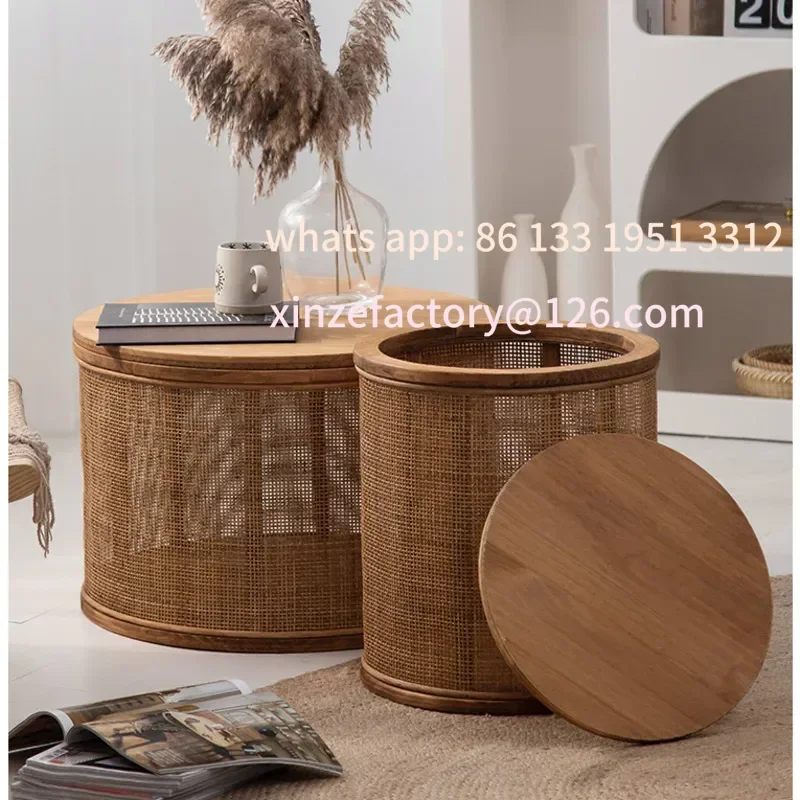 Customizable Japanese Round Coffee Table Living Room Rattan Woven Side Table Clamshell Storage Room Desks Multi-functional Home