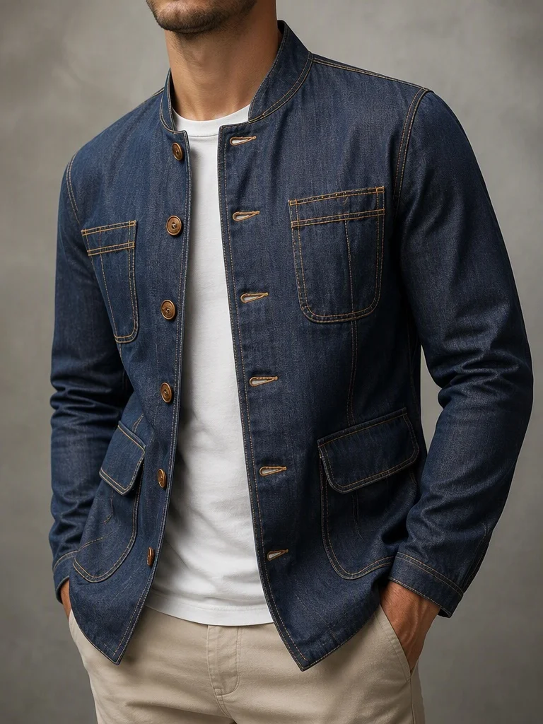 Men's Denim Jacket Stand Collar Contrast Stitching Button Front Multi Pocket Long Sleeve Casual Streetwear Jean Outerwear Coat