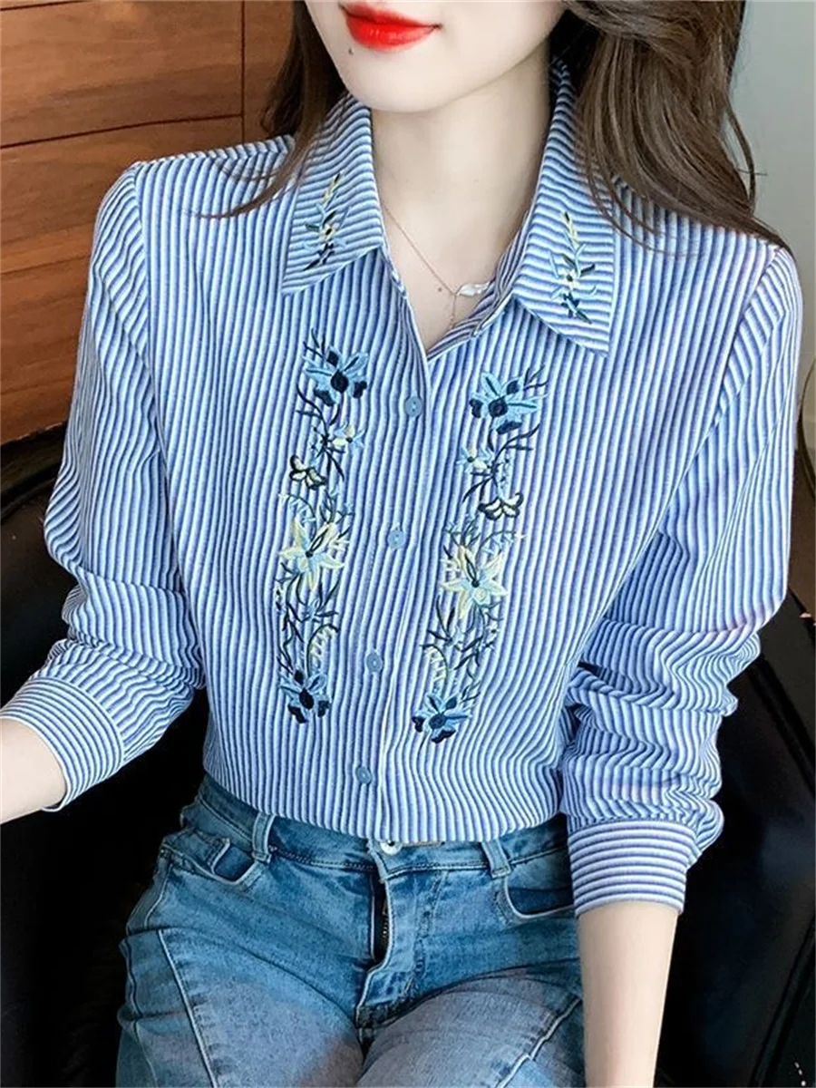 Embroidery Women Spring Autumn Blouses Shirts Lady Casual Long Sleeve Turn-down Collar Striped Printed Blusas Tops DF4781