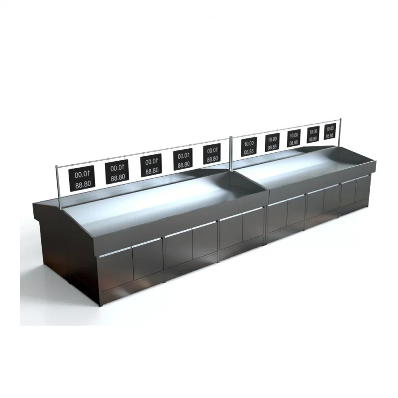 custom.Stainless Steel Double-Sided Heavy Duty Supermarket Display Rack with 3 Shelves Seafood and Meat