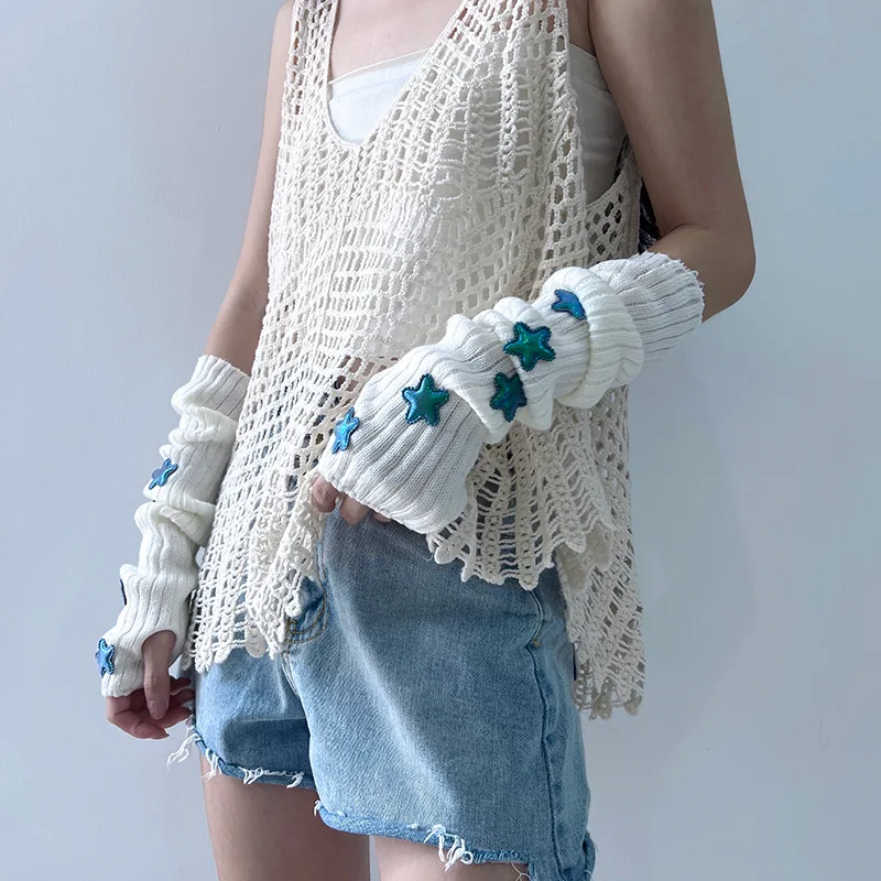 Guantes de punto sin dedos Y2K para mujer, calentadores de brazo de lana cálidos, accesorios japoneses Lolita Jk