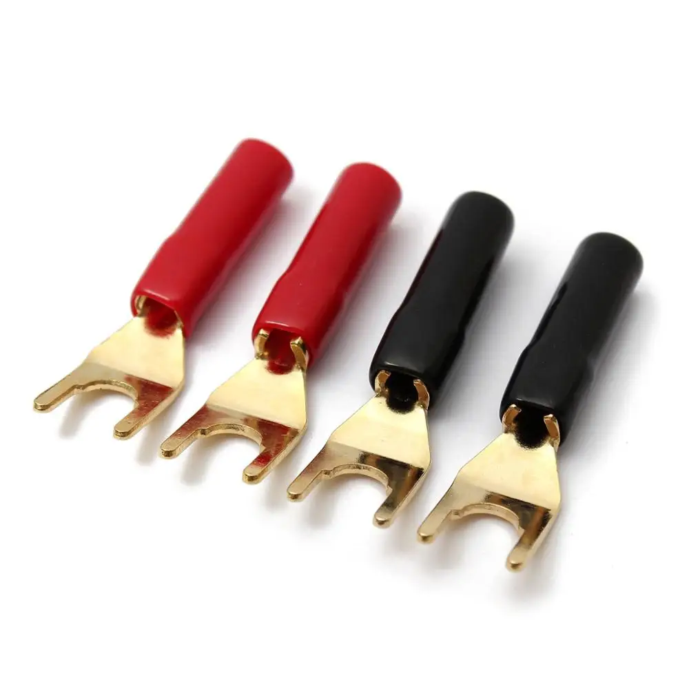 4Pcs  Y-style Spade Banana Plug Gold Plated Tuning Fork Banana Plug Solderless Speaker Cable Power Terminals Connectors set