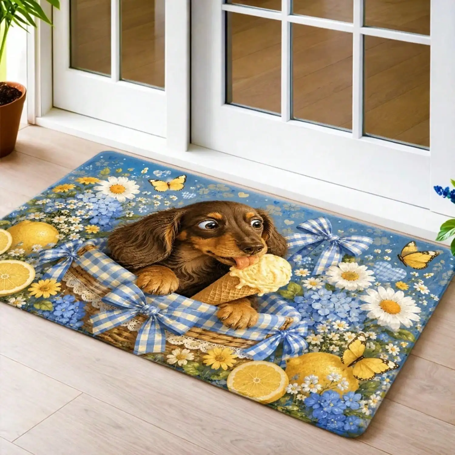 1pc, Cute Dachshund Ice Cream Floral Pattern Doormats, Durable, Machine-Washable, Bath Mat, Suitable For Living Room, Bedroom, Office, Indoor, Bathroom