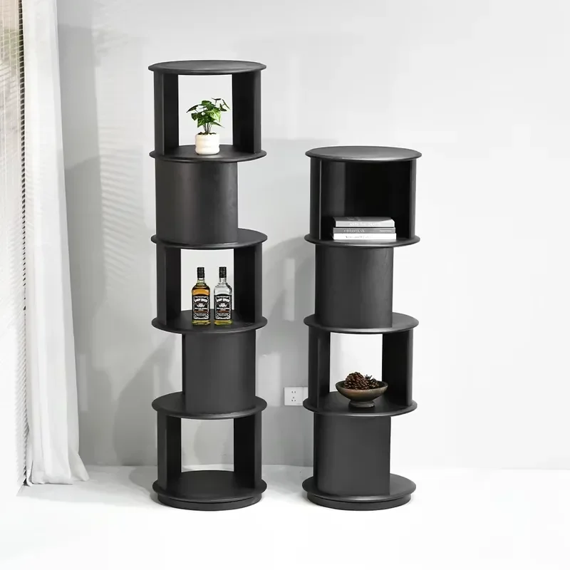 Black Wooden Bookshelf 360 Degree Rotating Multi Layer Display Stand Rounded Corner Modern Living Room Furniture Storage Rack
