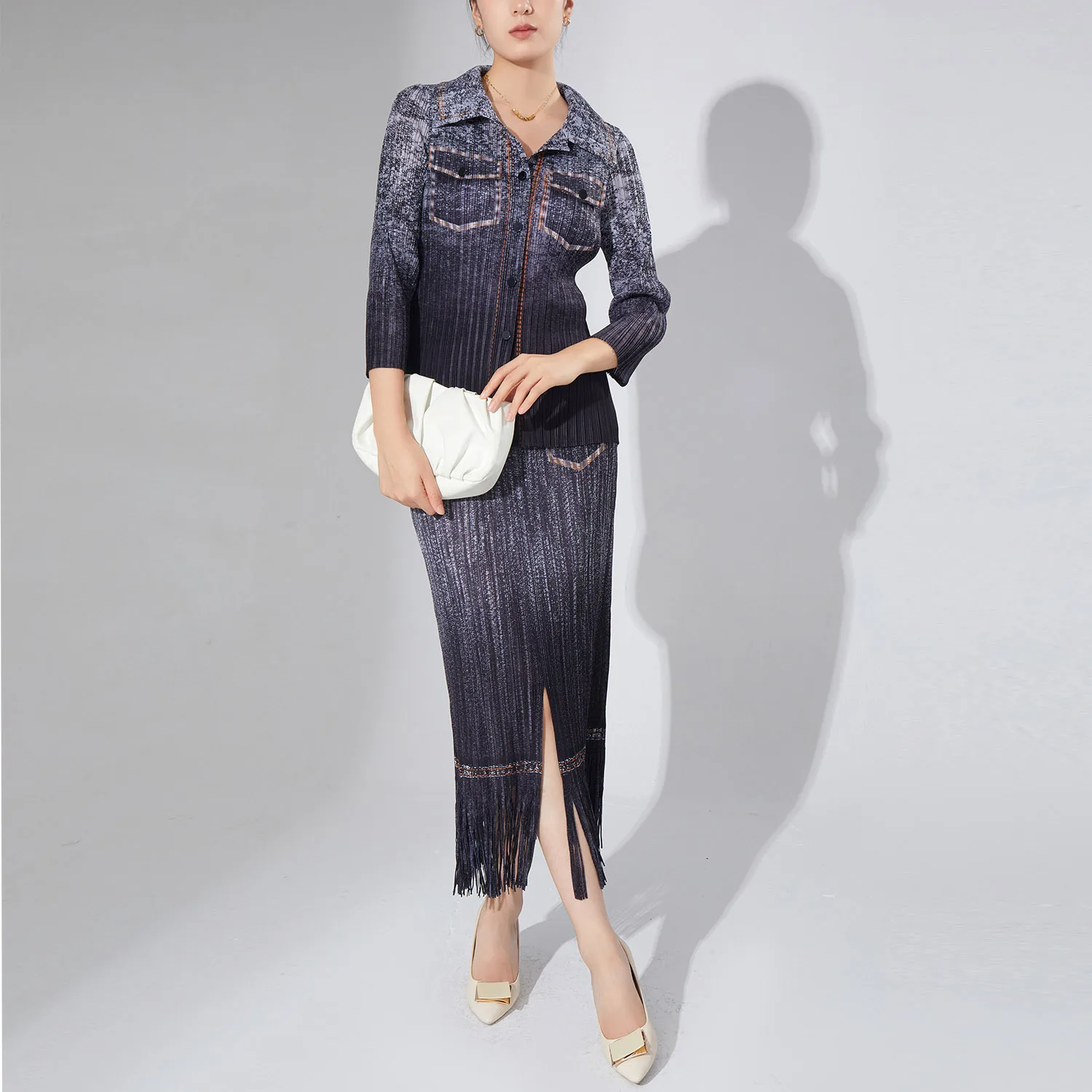 Miyake Pleated Set 2025 Women's Unique Fashion Fringed Ombre Shirt and Bodycon Skirt Two-Piece Set