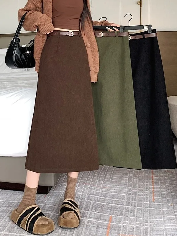 

Retro Thiened Corduroy Skirt Mid-Length A-Line f Body High Waist Zipper Ba for Women Daily Wear Non-Stretch Print