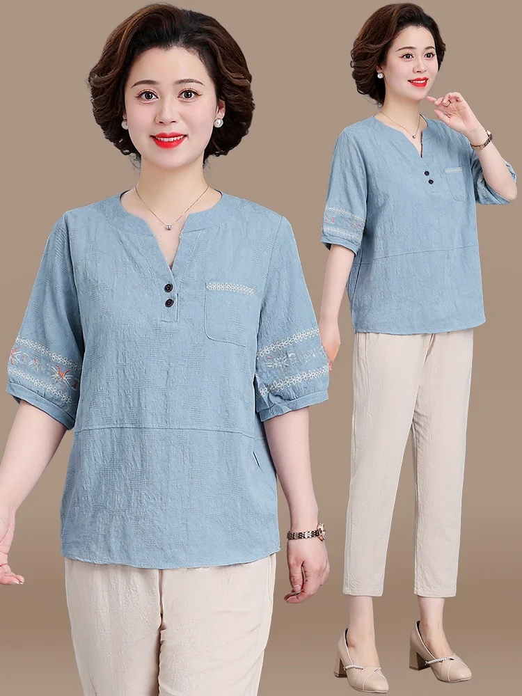 

Faionable Cotton Linen Two-Piece Set ort Sve T-irt for Middle-Aged Mothers Summer Clothing Sli plus Size Women's...