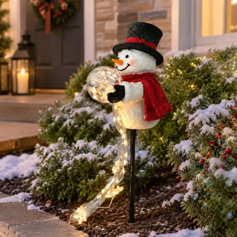 Snowman Stake Light Garden Ornament with Solar Energy Storage, Stake Support, and Winter Theme for Sunny Flower Bed, Lawns, and