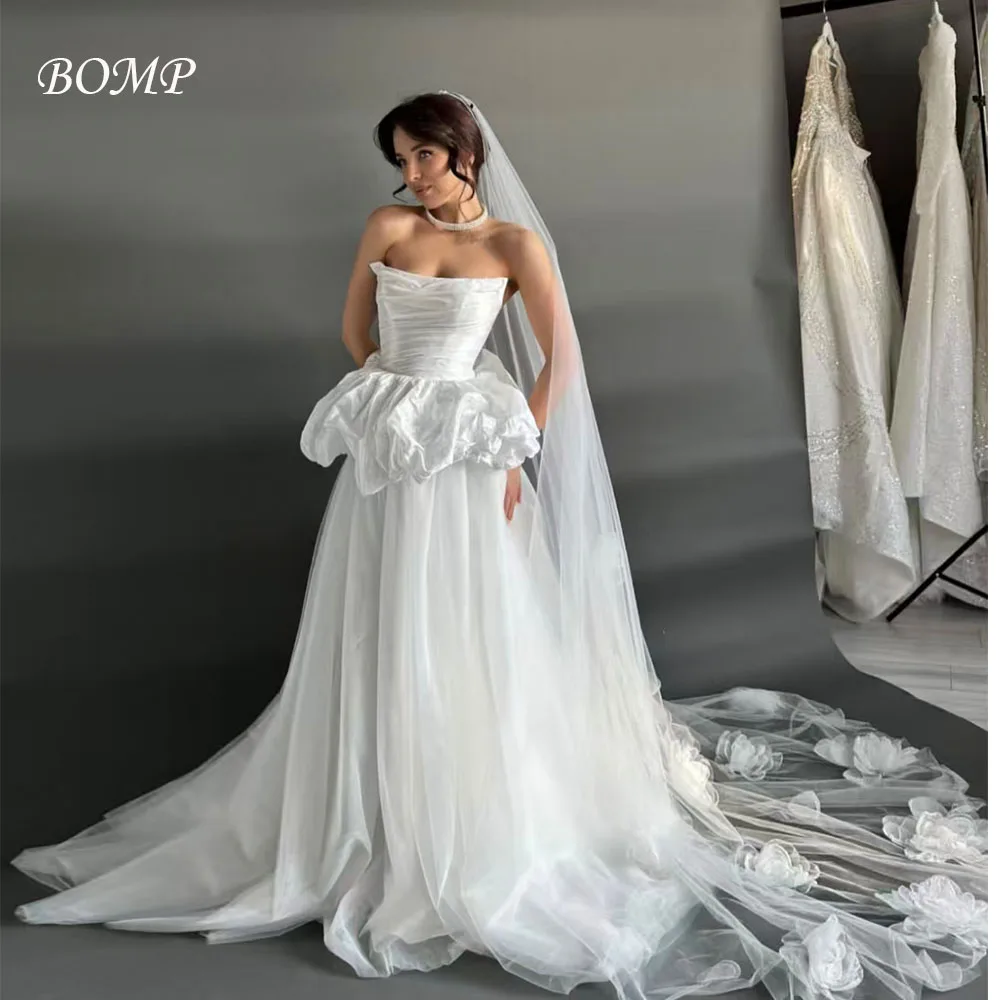 Elegancka suknia ślubna BOMP z plisami, bez ramiączek, gorsetowa, warstwowa, drapowana, z trenem typu sweep, biała tiulowa suknia ślubna, szyta na miarę, Vestido de novia