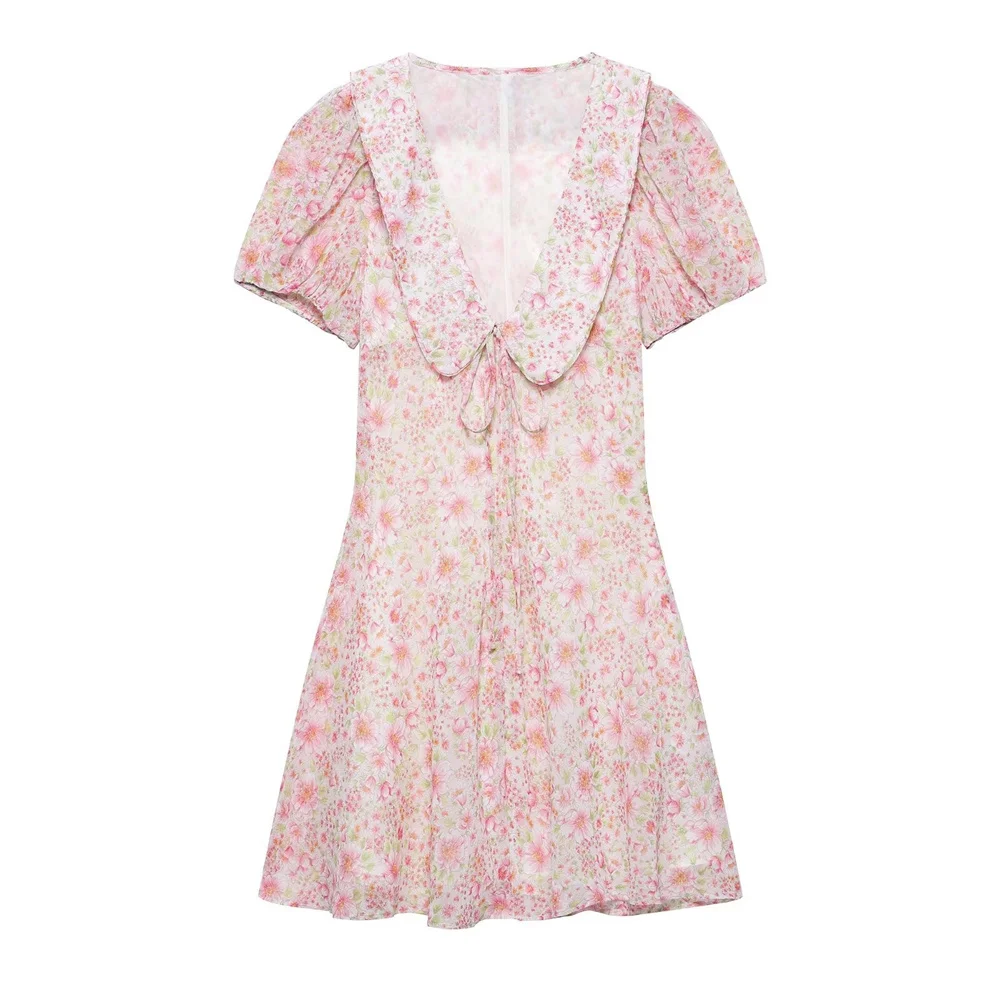 

PB&ZA 2025 Women Sweet Floral Print Mini Dress Puff Short Sleeves Peter Pan Collar Tie Front Design Ideal for Summer Fashion