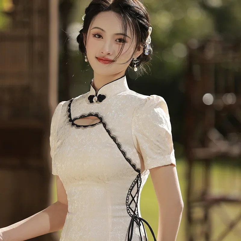 

Yourqipao Летнее яркое шелковое жаккардовое короткое маленькое свежее Cheongsam College Sweet Qipao Вечернее платье в китайском стиле для женщин