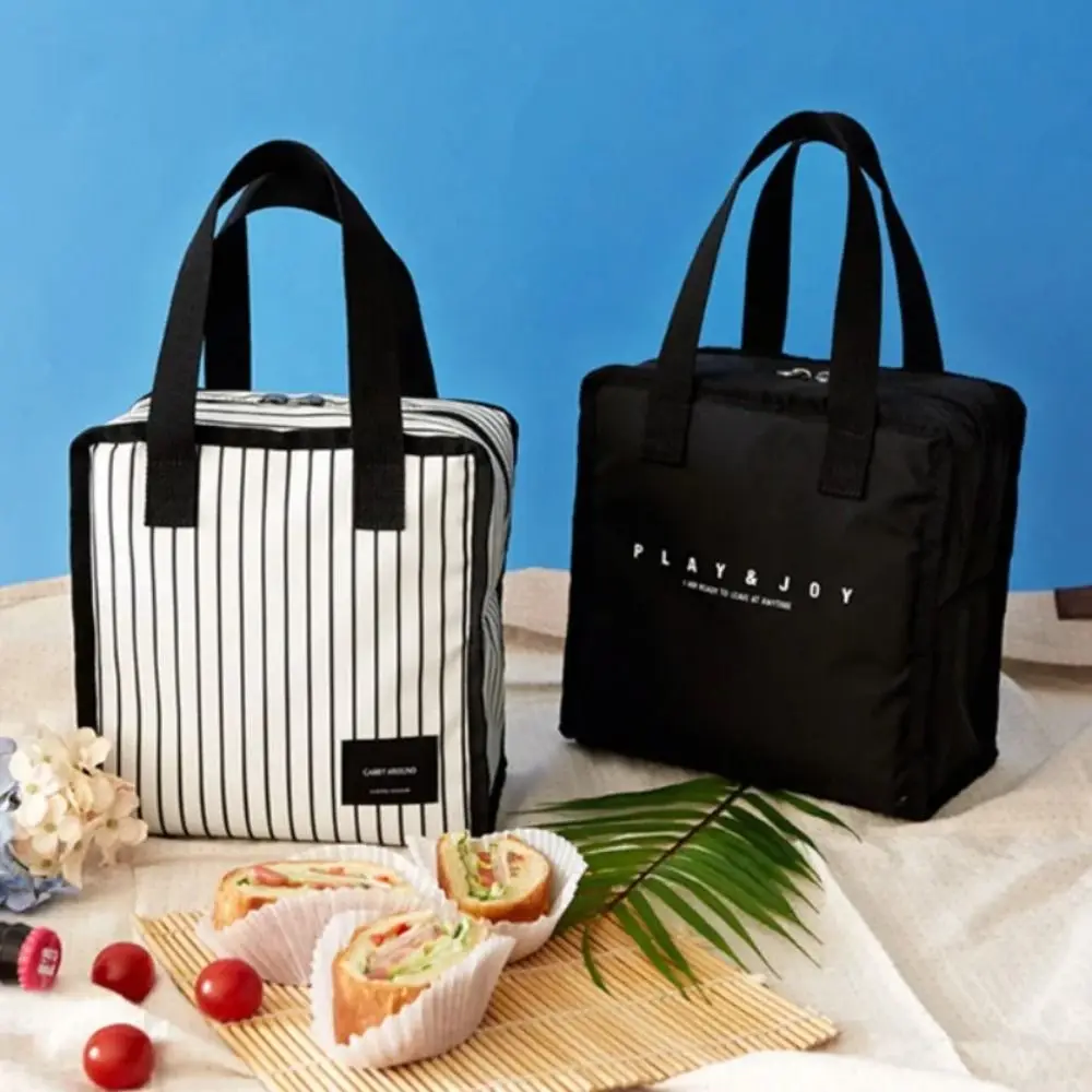 Large Capacity Insulated Thermal Pouch Casual Keep Fresh Food Storage Stripe Lunch Bag Oxford Cloth Picnic Tote Bag