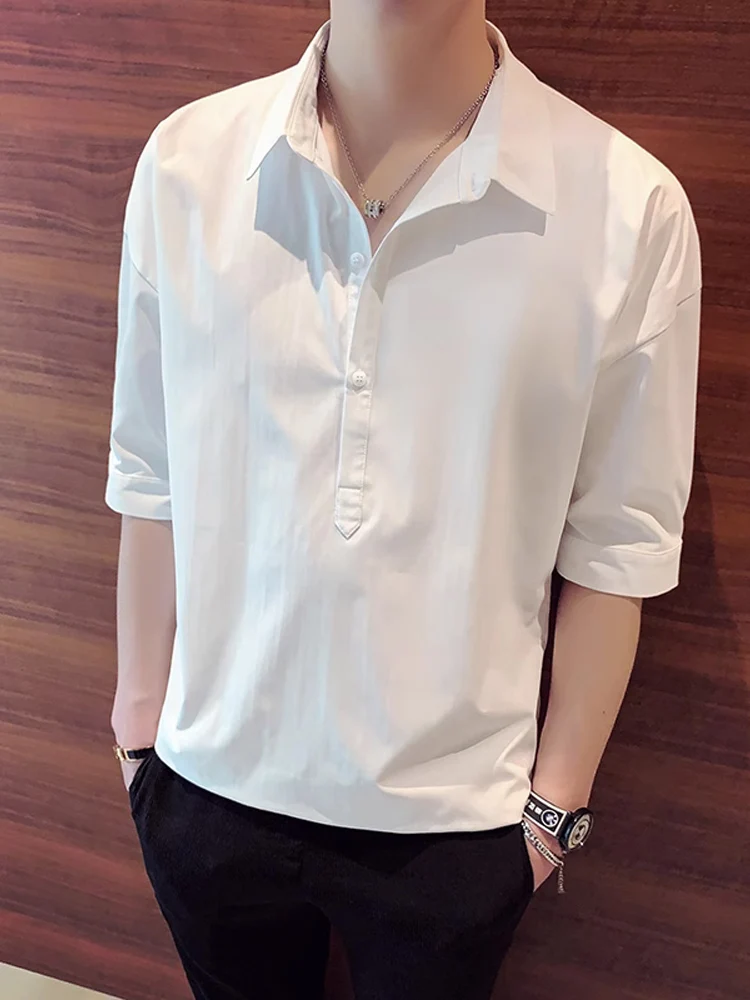 

White Ice Silk Short Sleeve Shirt Men's Fashion Summer Brand Stylist T-Shirt Fashionable Loose Fit Regular Thickness