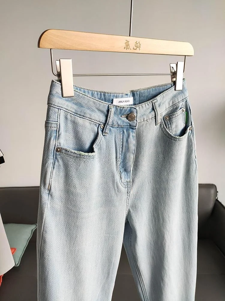 بنطال جينز Pureenn ذو ألوان متباينة ومريح للغاية للتنحيف بخصر عالٍ مخروطي من قماش الدنيم لربيع الخريف