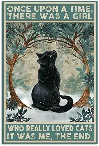 Vintage Metal Tin Sign Black Cat Once Upon a Time There was a Girl Poster Art Decor Home Bar Poster 12 x 8 Inches